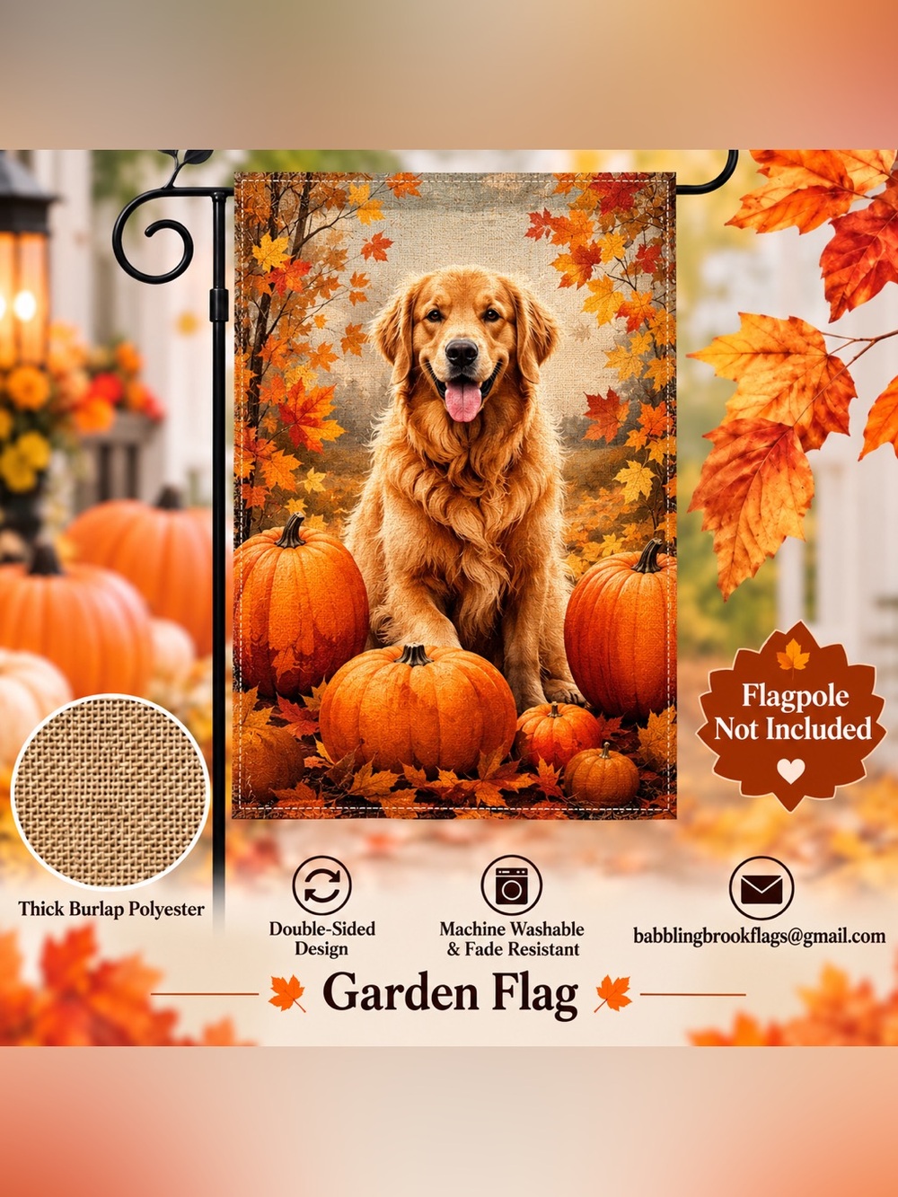 Garden Flag, Autumn Golden Retriever, burlap polyester, double-sided, 12”x18”